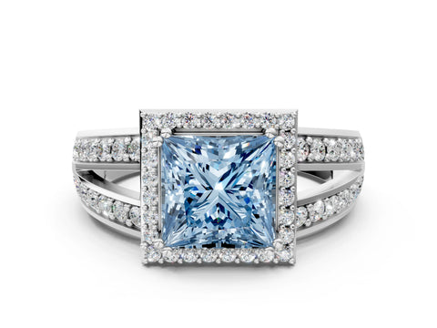 White gold Fancy Blue Princess Cut Diamond Halo Ring with Split Shank Pavé Band and Four-Prong Setting_30