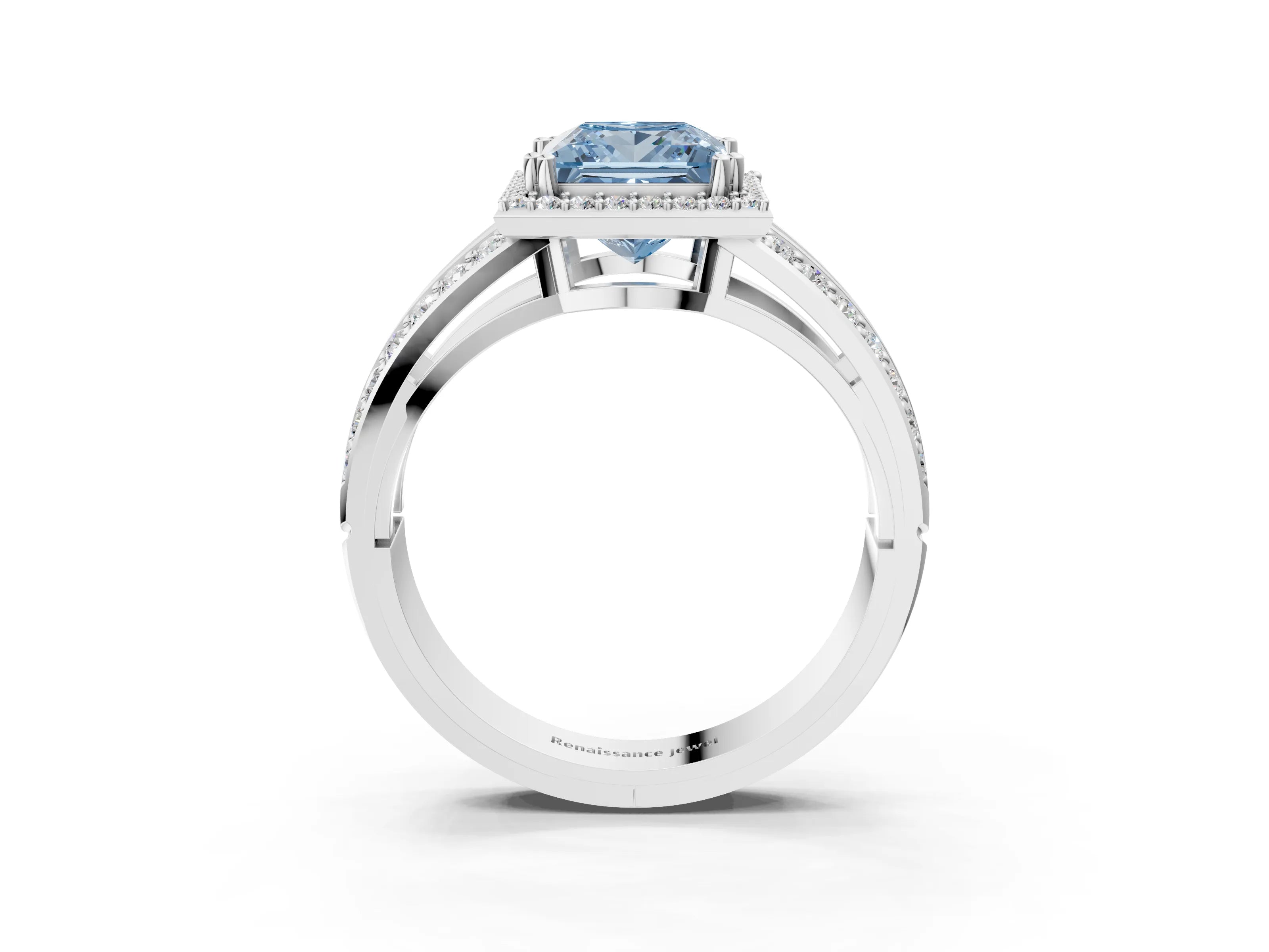 White gold Fancy Blue Princess Cut Diamond Halo Ring with Split Shank Pavé Band and Four-Prong Setting_33