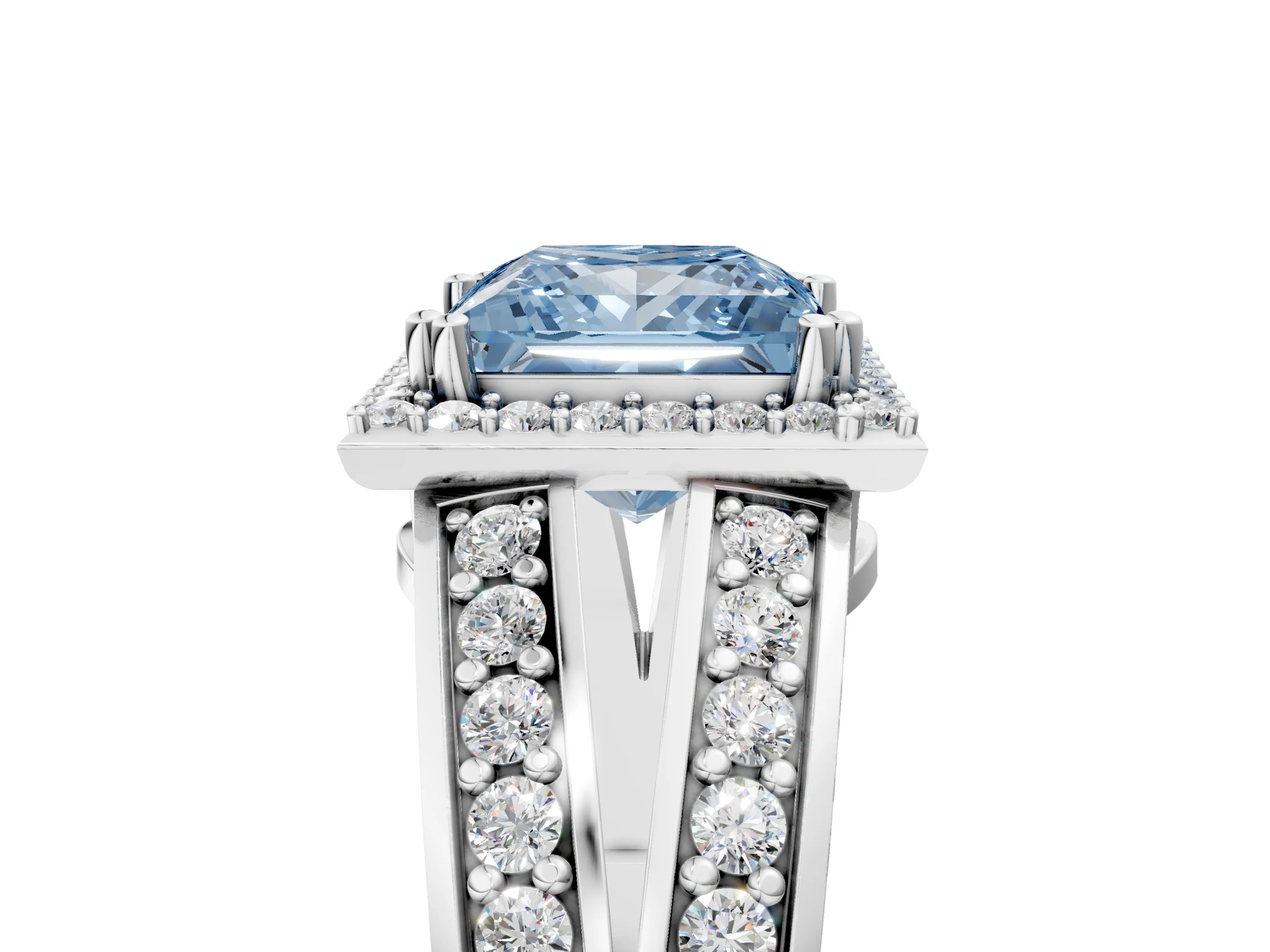 White gold Fancy Blue Princess Cut Diamond Halo Ring with Split Shank Pavé Band and Four-Prong Setting_35