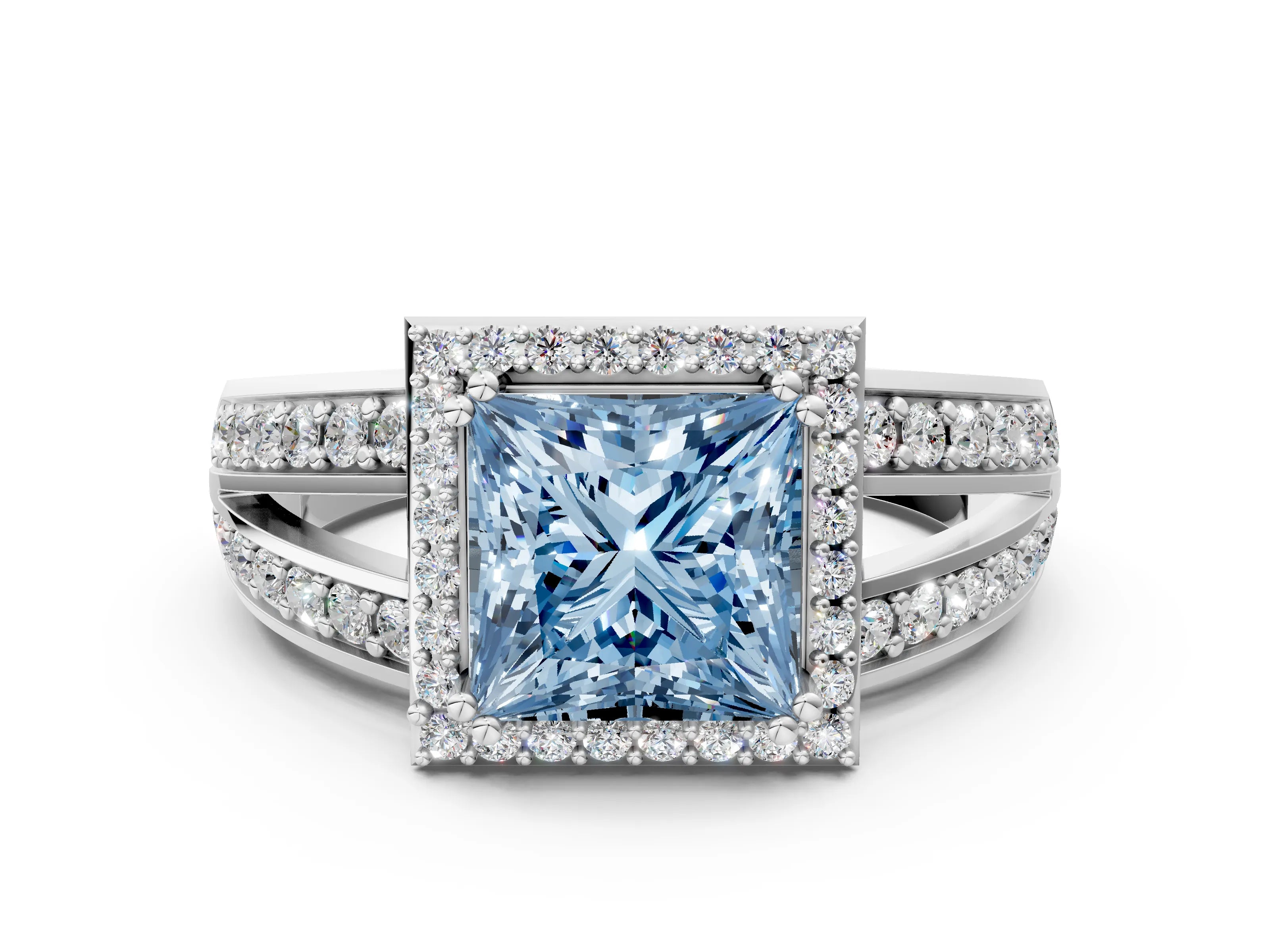 White gold Fancy Blue Princess Cut Diamond Halo Ring with Split Shank Pavé Band and Four-Prong Setting_38