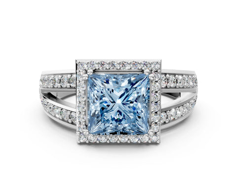 White gold Fancy Blue Princess Cut Diamond Halo Ring with Split Shank Pavé Band and Four-Prong Setting_38