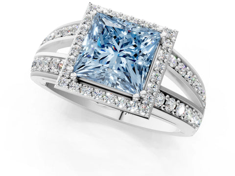White gold Fancy Blue Princess Cut Diamond Halo Ring with Split Shank Pavé Band and Four-Prong Setting_39