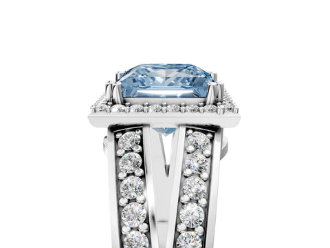White gold Fancy Blue Princess Cut Diamond Halo Ring with Split Shank Pavé Band and Four-Prong Setting_43