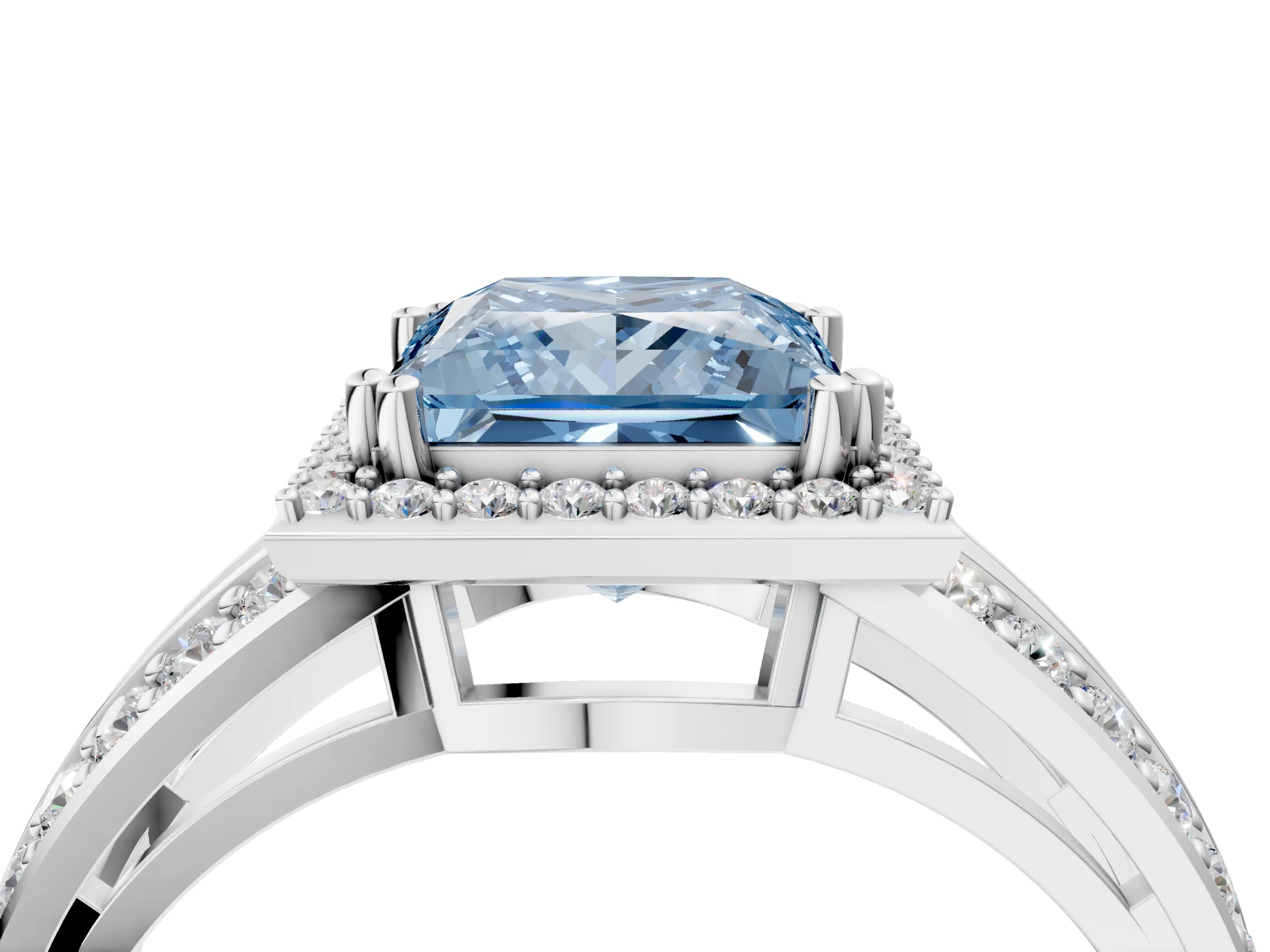 White gold Fancy Blue Princess Cut Diamond Halo Ring with Split Shank Pavé Band and Four-Prong Setting_49