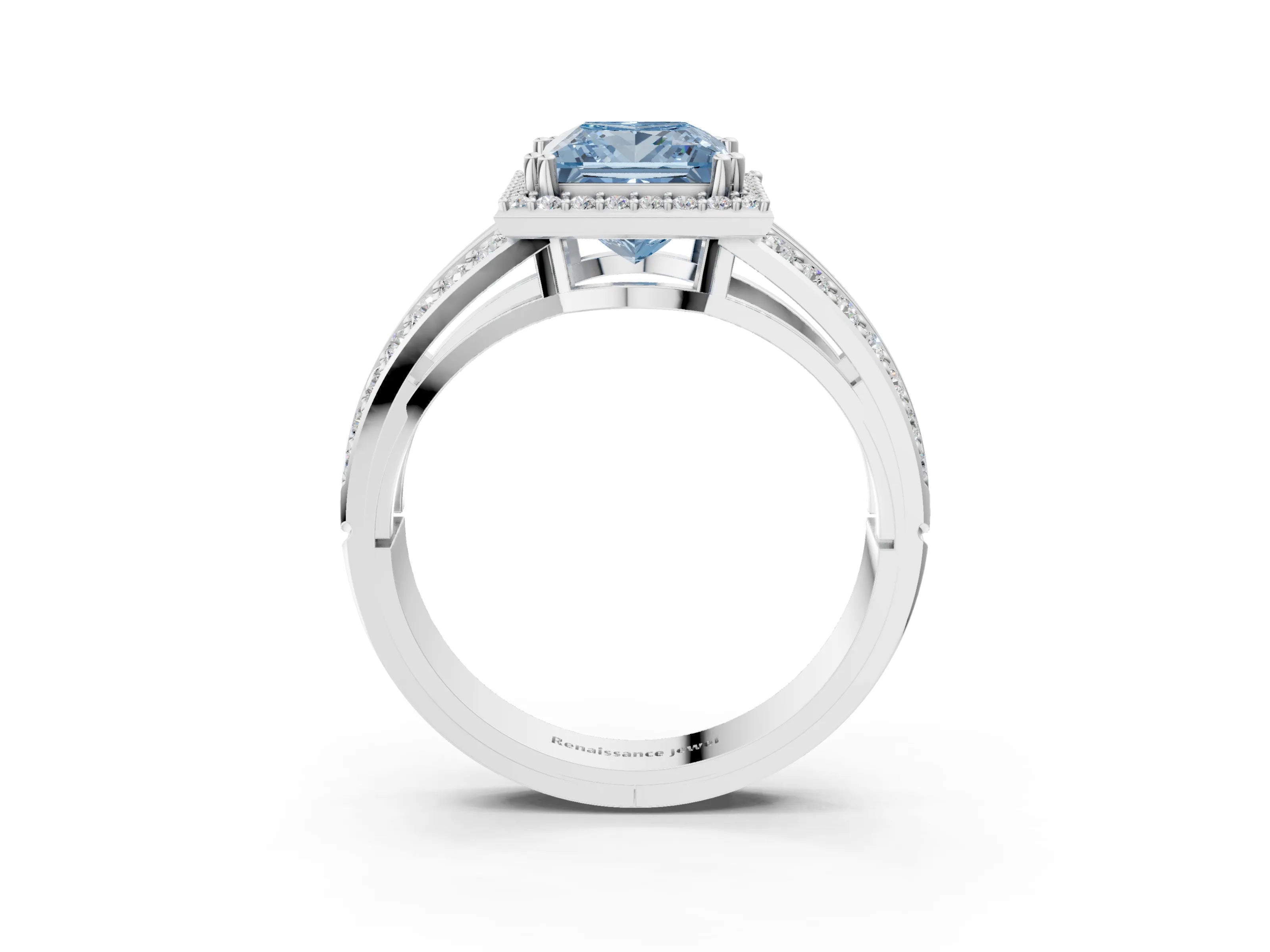 White gold Fancy Blue Princess Cut Diamond Halo Ring with Split Shank Pavé Band and Four-Prong Setting_51