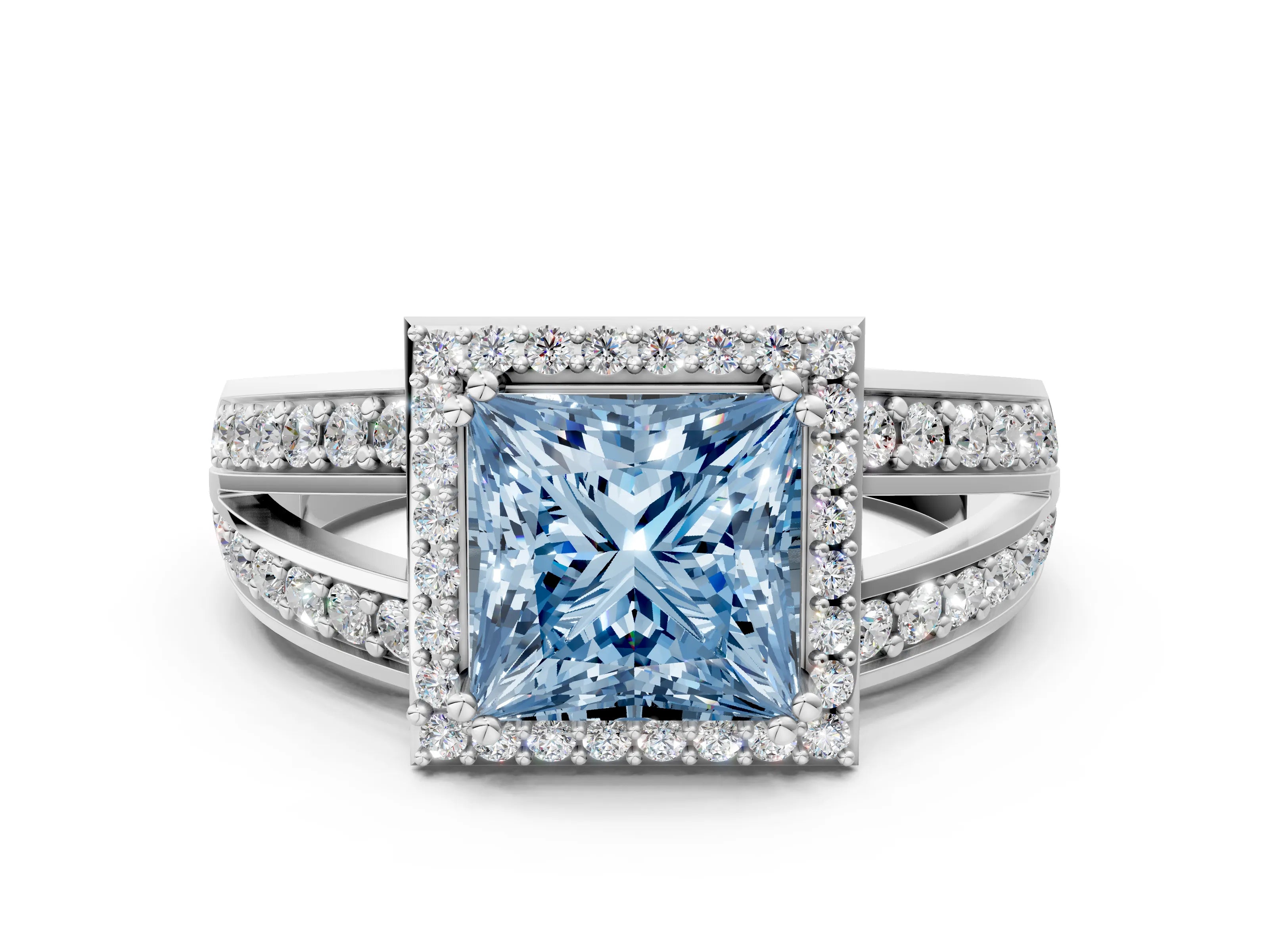 White gold Fancy Blue Princess Cut Diamond Halo Ring with Split Shank Pavé Band and Four-Prong Setting