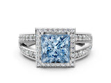 White gold Fancy Blue Princess Cut Diamond Halo Ring with Split Shank Pavé Band and Four-Prong Setting_60