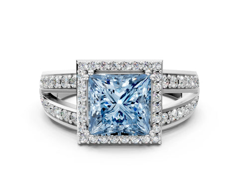 White gold Fancy Blue Princess Cut Diamond Halo Ring with Split Shank Pavé Band and Four-Prong Setting