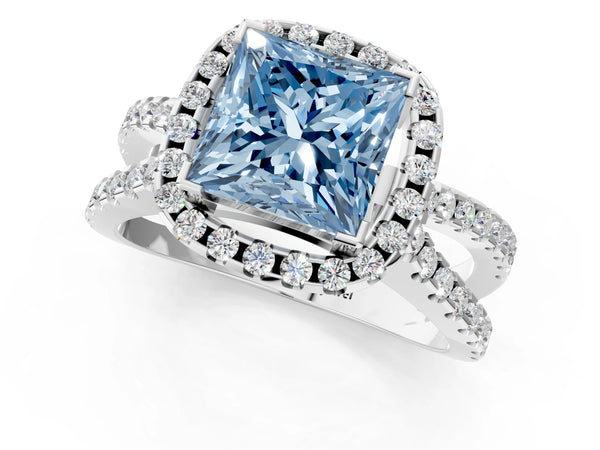White gold Fancy Blue Princess Cut Diamond Halo Ring with Split Shank Pavé Band and Prong Setting