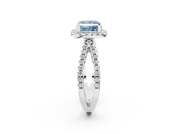 White gold Fancy Blue Princess Cut Diamond Halo Ring with Split Shank Pavé Band and Prong Setting