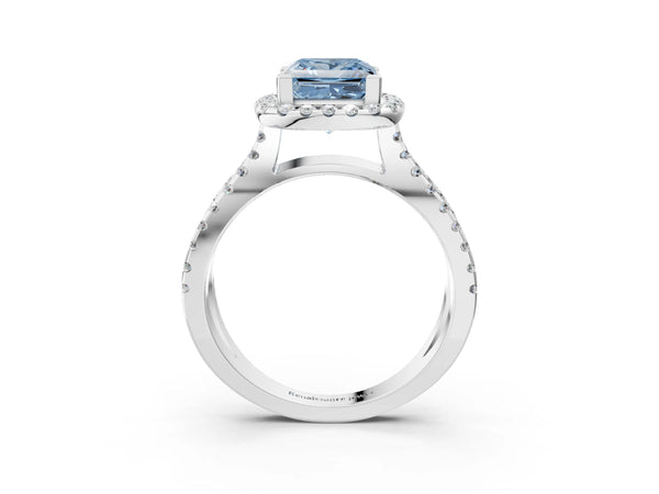 White gold Fancy Blue Princess Cut Diamond Halo Ring with Split Shank Pavé Band and Prong Setting