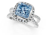White gold Fancy Blue Princess Cut Diamond Halo Ring with Split Shank Pavé Band and Prong Setting_95