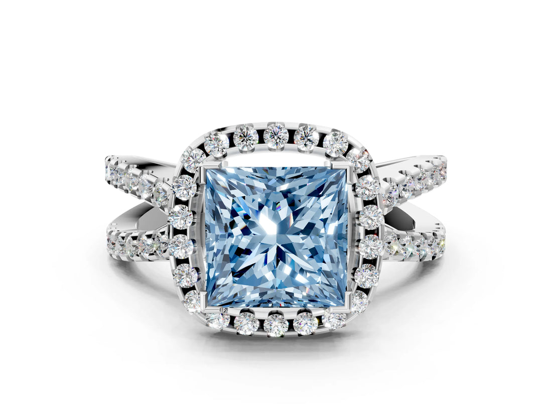 White gold Fancy Blue Princess Cut Diamond Halo Ring with Split Shank Pavé Band and Prong Setting_96