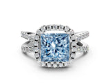 White gold Fancy Blue Princess Cut Diamond Halo Ring with Split Shank Pavé Band and Prong Setting_96