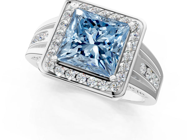 White gold Fancy Blue Princess Cut Diamond Halo Ring with Split Shank and Bezel Accents and Prong Setting