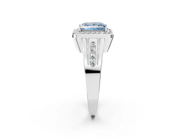 White gold Fancy Blue Princess Cut Diamond Halo Ring with Split Shank and Bezel Accents and Prong Setting