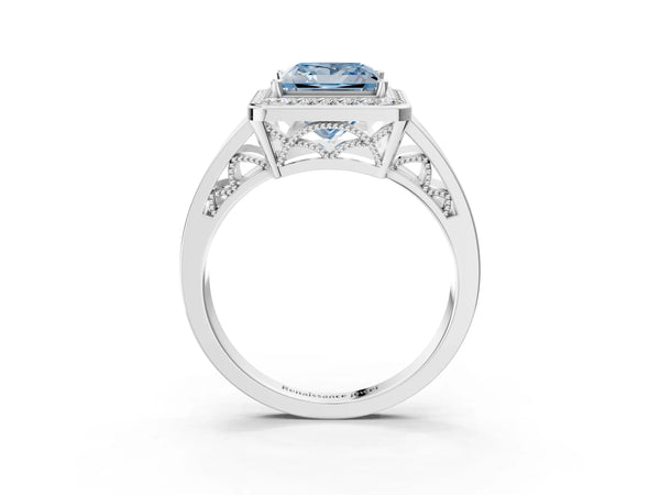 White gold Fancy Blue Princess Cut Diamond Halo Ring with Split Shank and Bezel Accents and Prong Setting