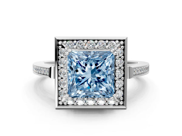 Platinum Fancy Blue Princess Cut Diamond Halo Ring with Split Shank and Four-Prong Setting