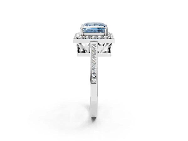 Platinum Fancy Blue Princess Cut Diamond Halo Ring with Split Shank and Four-Prong Setting