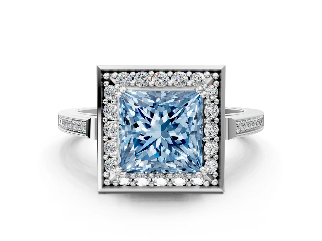White gold Fancy Blue Princess Cut Diamond Halo Ring with Split Shank and Four-Prong Setting_79