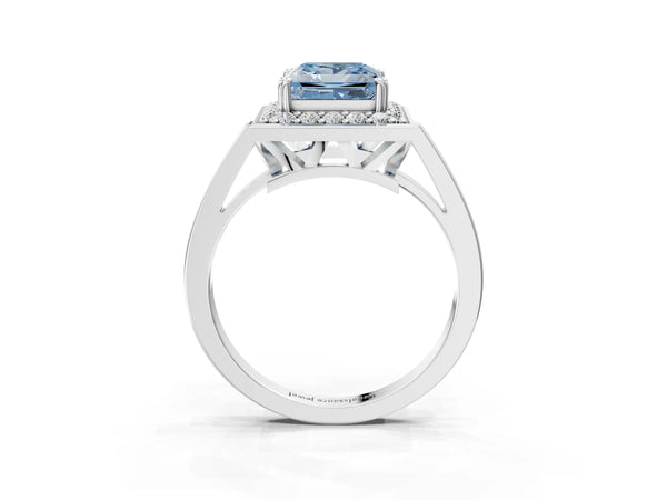 Platinum Fancy Blue Princess Cut Diamond Halo Ring with Split Shank and Four-Prong Setting