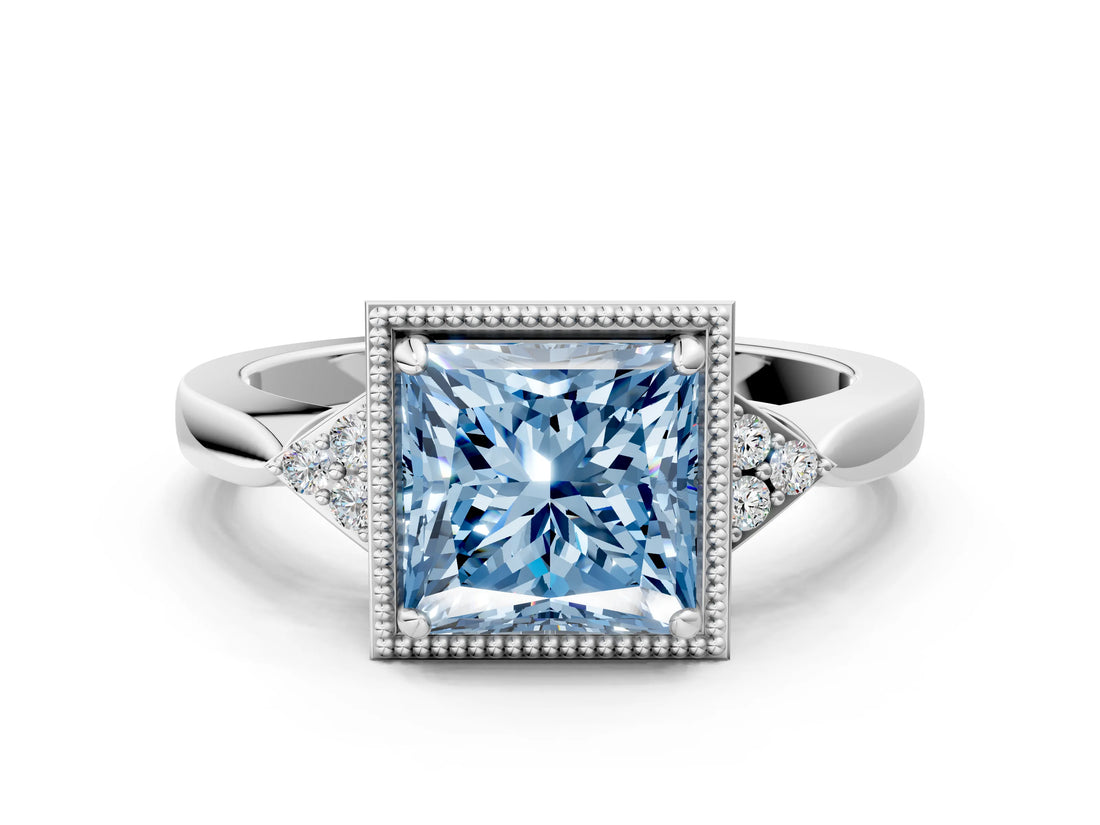 White gold Fancy Blue Princess Cut Diamond Halo Ring with Tapered Band and Four-Prong Setting_19