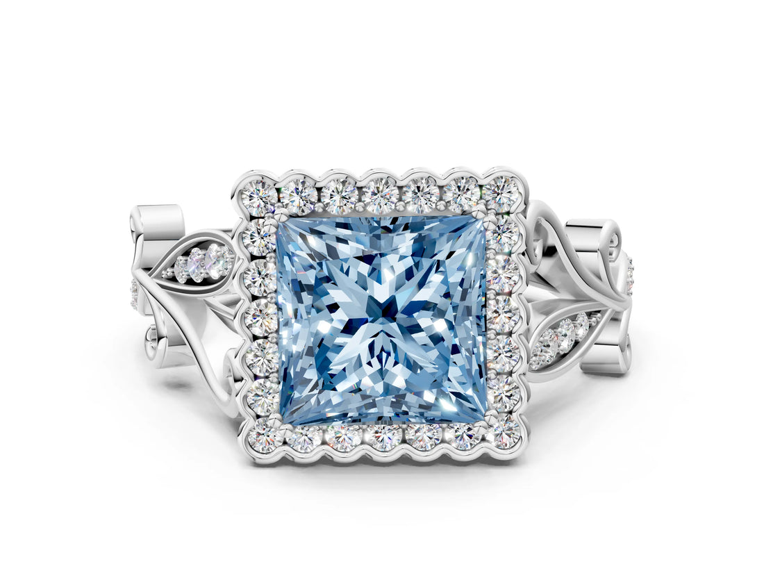 White gold Fancy Blue Princess Cut Diamond Halo Ring with Vintage Split Shank and Four-Prong Setting_91