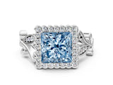 White gold Fancy Blue Princess Cut Diamond Halo Ring with Vintage Split Shank and Four-Prong Setting_92