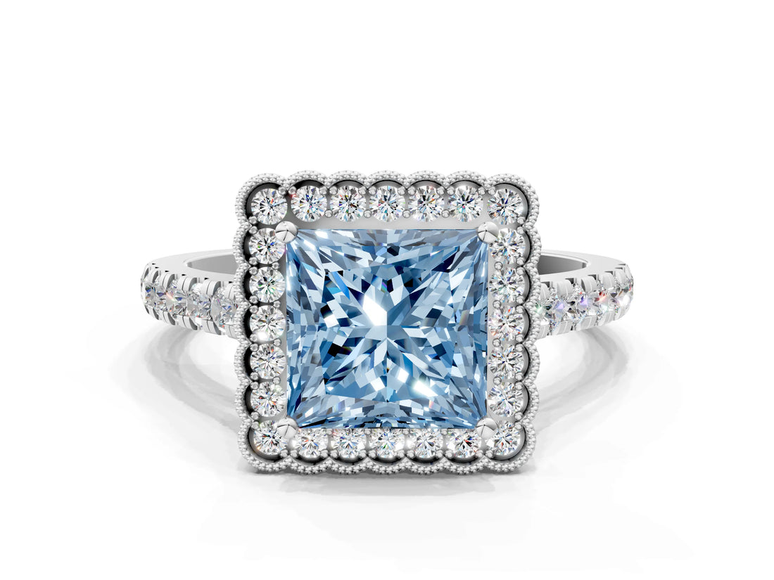 White gold Fancy Blue Princess  Cut Diamond Milgrain Floral Halo Engagement Ring with Pavé Band_34