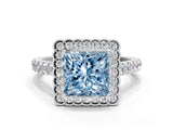 White gold Fancy Blue Princess  Cut Diamond Milgrain Floral Halo Engagement Ring with Pavé Band_34
