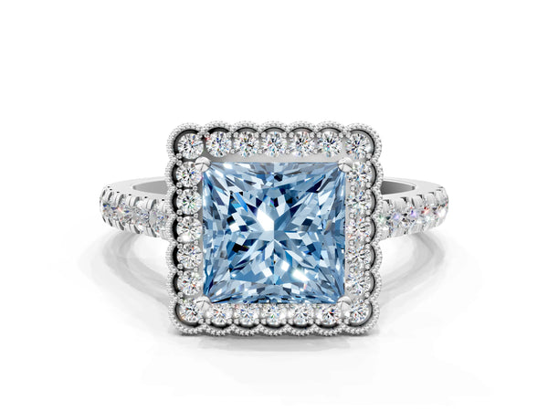 White gold Fancy Blue Princess  Cut Diamond Milgrain Floral Halo Engagement Ring with Pavé Band