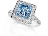 White gold Fancy Blue Princess  Cut Diamond Milgrain Floral Halo Engagement Ring with Pavé Band_36