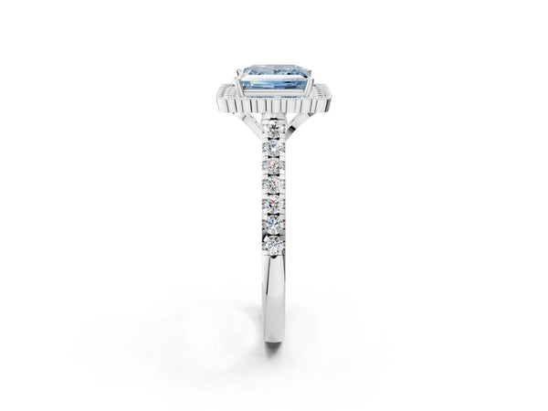 White gold Fancy Blue Princess  Cut Diamond Milgrain Floral Halo Engagement Ring with Pavé Band