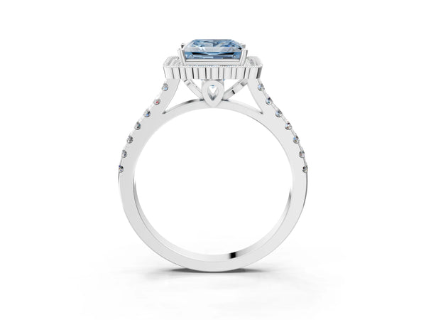 White gold Fancy Blue Princess  Cut Diamond Milgrain Floral Halo Engagement Ring with Pavé Band