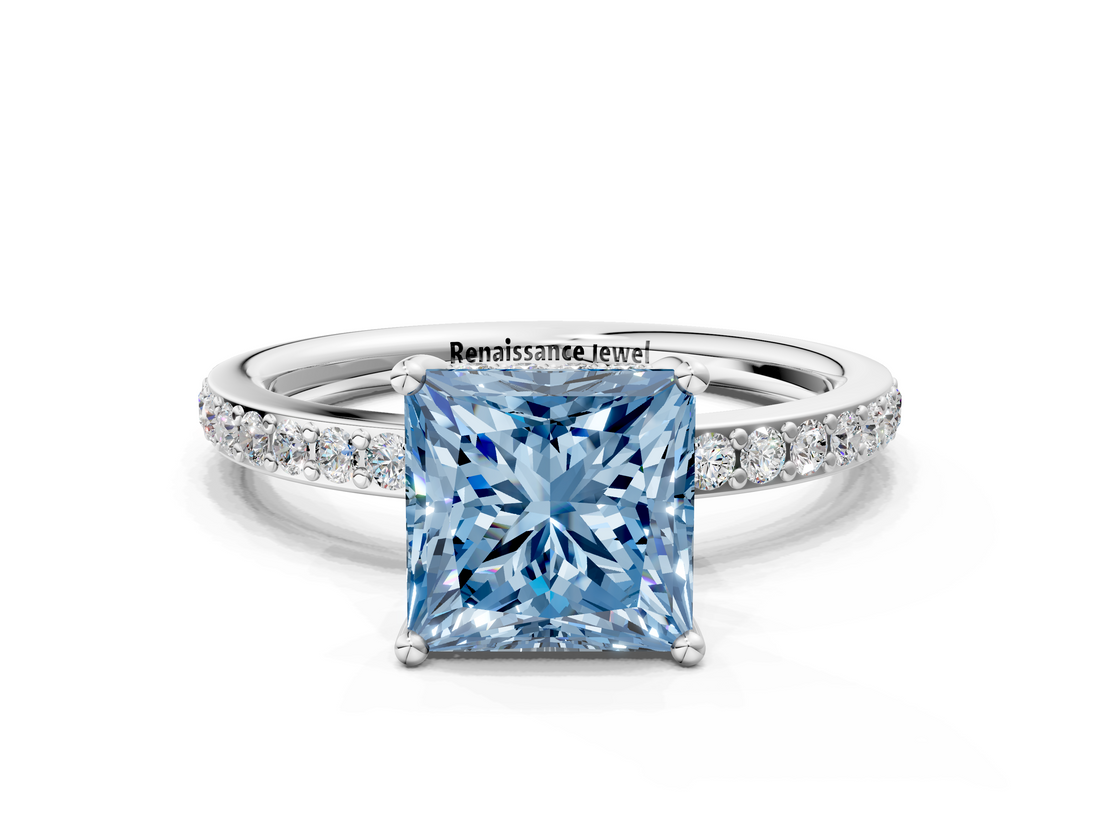 White gold Fancy Blue Princess  Cut Diamond Pavé Band Ring with Four-Prong Setting_24