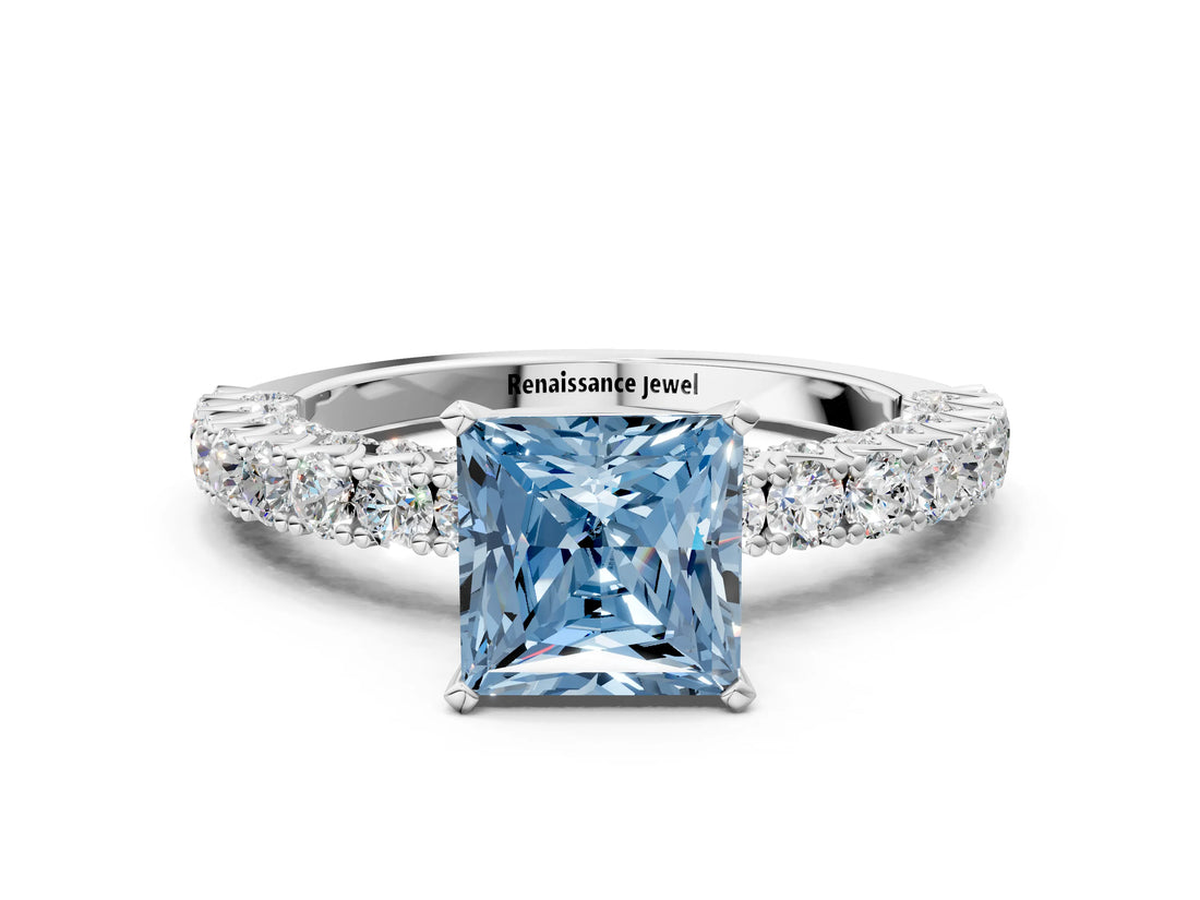 White gold Fancy Blue Princess Cut Diamond Pavé Band Solitaire Ring with Prong Setting_76
