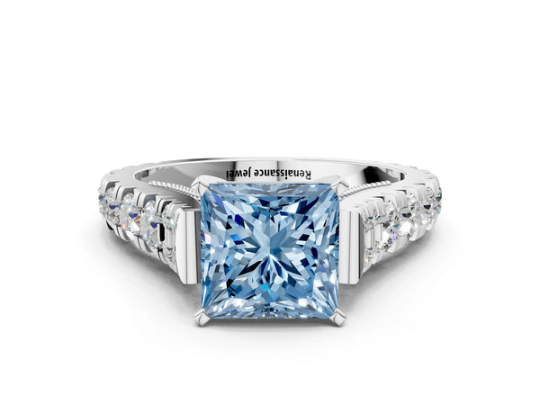 White gold Fancy Blue Princess Cut Diamond Classic Solitaire Ring with Pavé Band and Four-Prong Setting