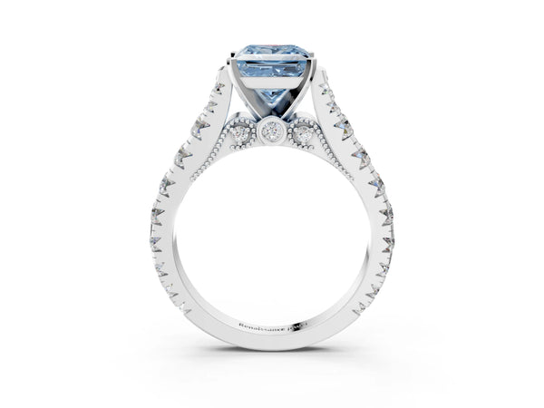 White gold Fancy Blue Princess Cut Diamond Classic Solitaire Ring with Pavé Band and Four-Prong Setting