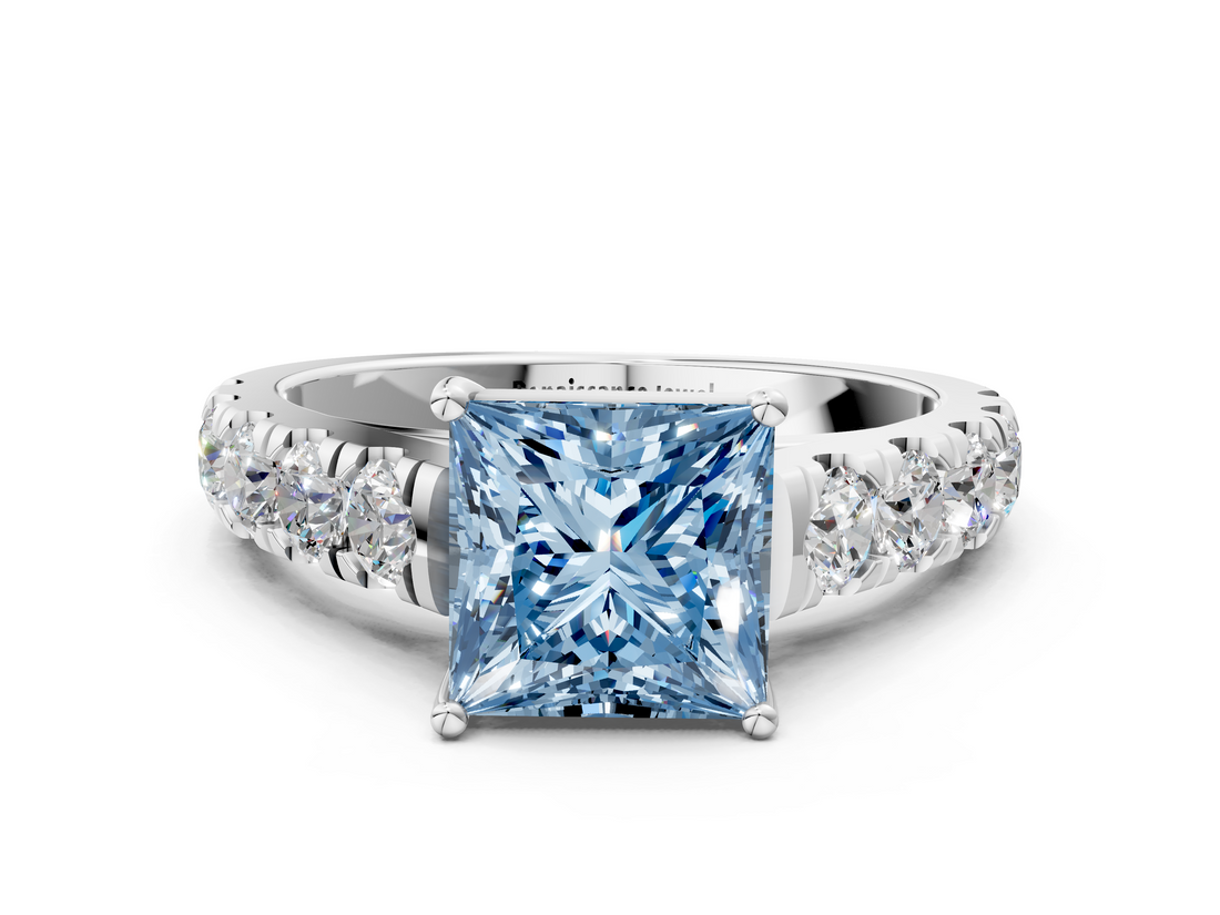 White gold Fancy Blue Princess  Cut Diamond Pavé Band Solitaire with Four-Prong Setting_3