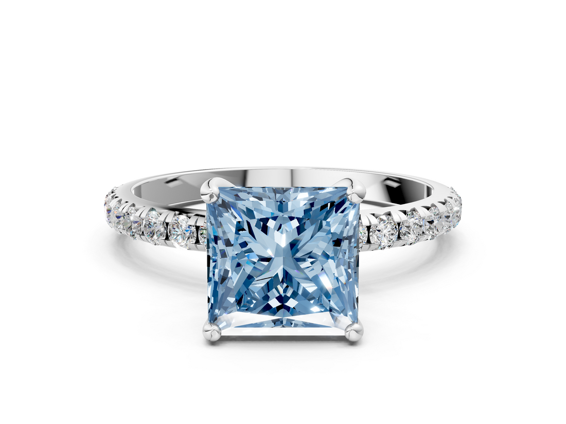 Platinum 3.02 Carat Blue VVS2 Princess Cut Diamond Solitaire Ring with Micro Pave Band and Four Prong Setting