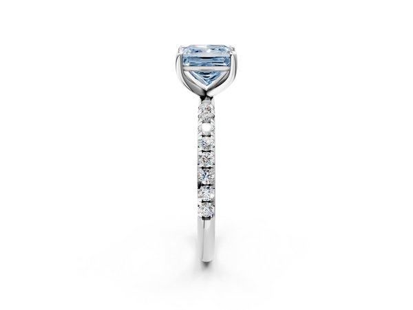 Platinum Fancy Blue Princess  Cut Diamond Solitaire Ring with Micro Pave Band and Four Prong Setting