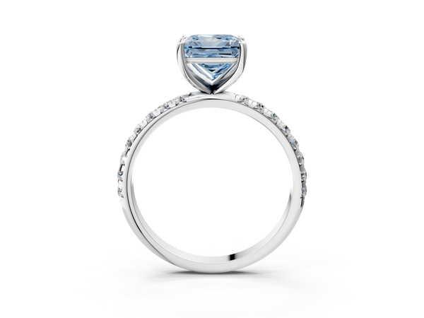 Platinum Fancy Blue Princess  Cut Diamond Solitaire Ring with Micro Pave Band and Four Prong Setting