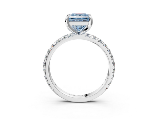 Platinum Fancy Blue Princess  Cut Diamond Pavé Band with Four-Prong Setting