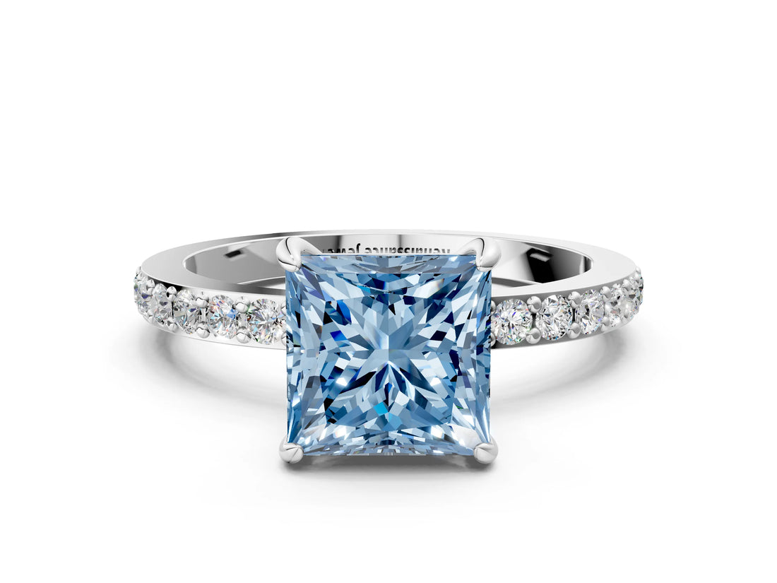 White gold Fancy Blue Princess Cut Diamond Pavé Engagement Ring with Round  Accents and Prong Setting_90
