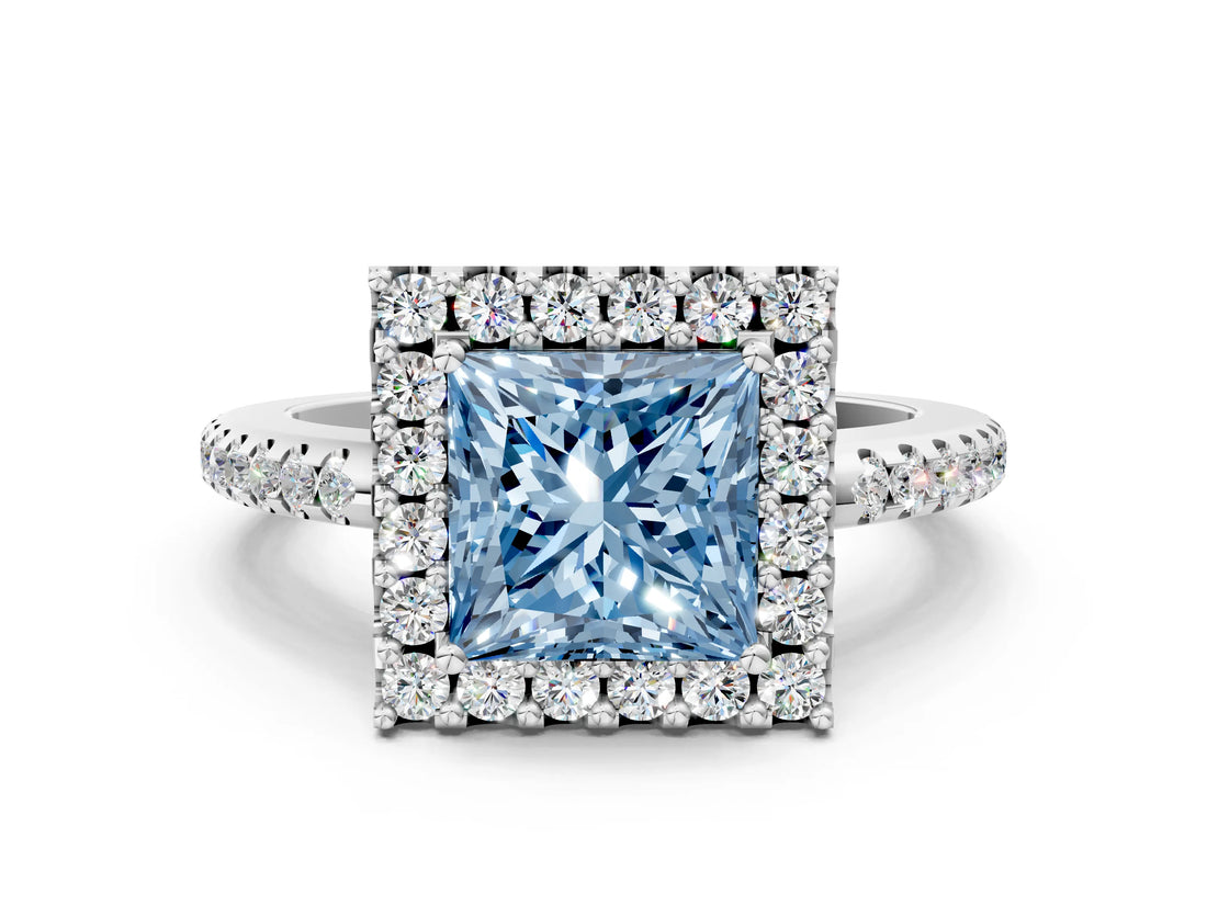 White gold Fancy Blue Princess Cut Diamond Pavé Halo Ring with Four-Prong Setting_47