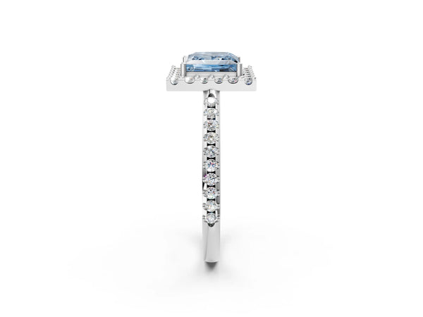Platinum Fancy Blue Princess Cut Diamond Pavé Halo Ring with Four-Prong Setting