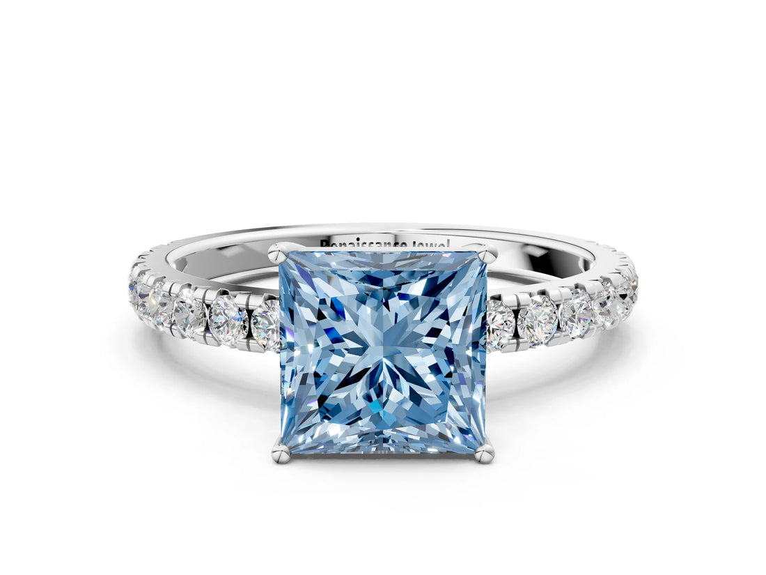 White gold Fancy Blue Princess Cut Diamond Pavé Solitaire Engagement Ring with Four-Prong Setting_82
