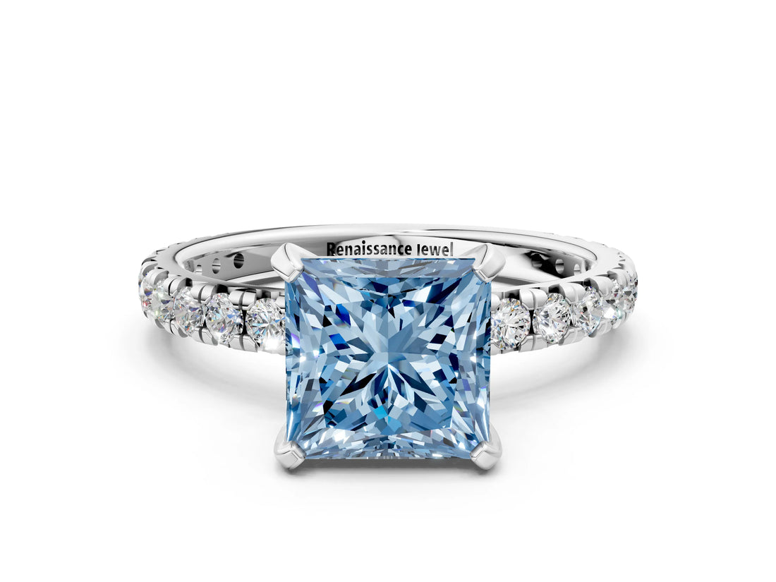 White gold Fancy Blue Princess Cut Diamond Pavé Solitaire Ring with Round Band and Prong Setting_12