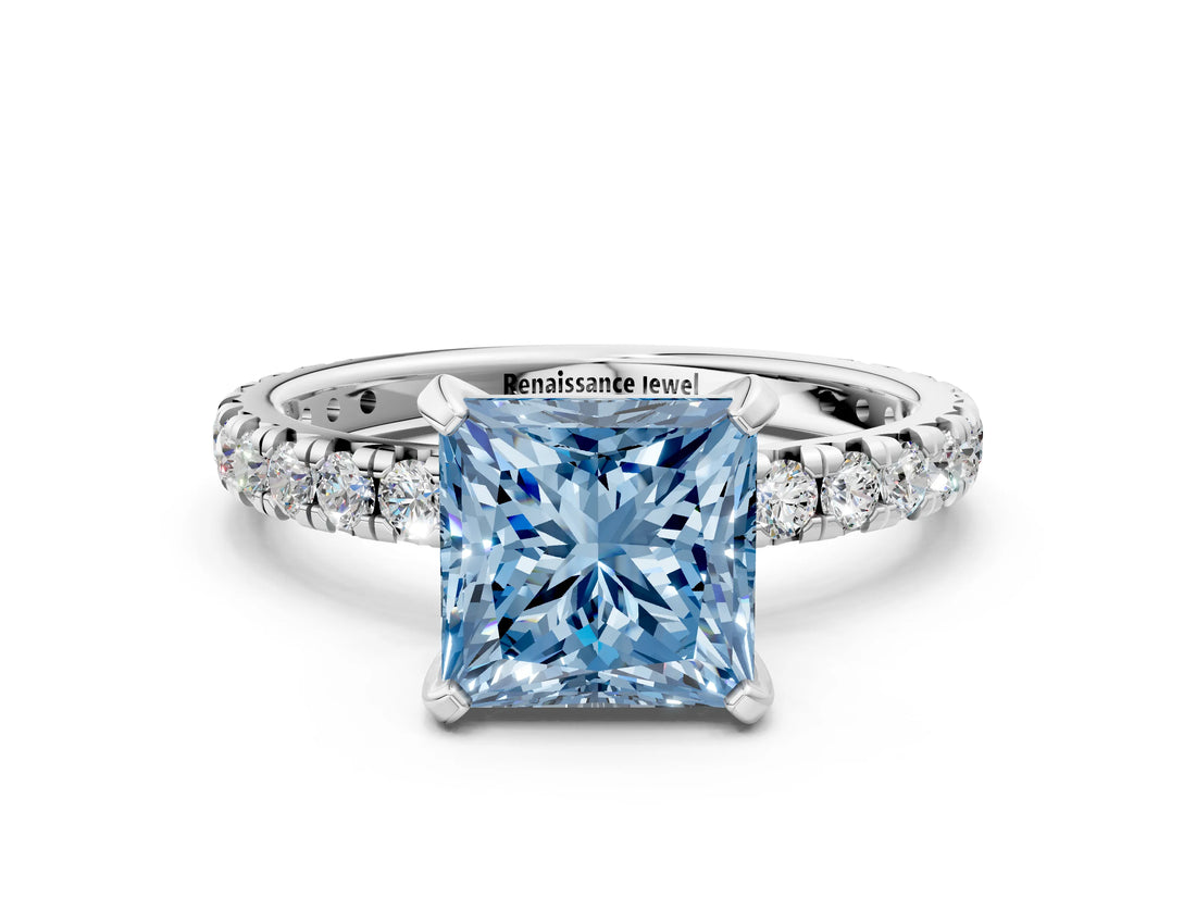 White gold Fancy Blue Princess Cut Diamond Pavé Solitaire Ring with Round Band and Prong Setting_36
