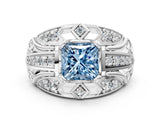 White gold Fancy Blue Princess Cut Diamond Pave Art Deco Split Shank Ring with Four-Prong Setting